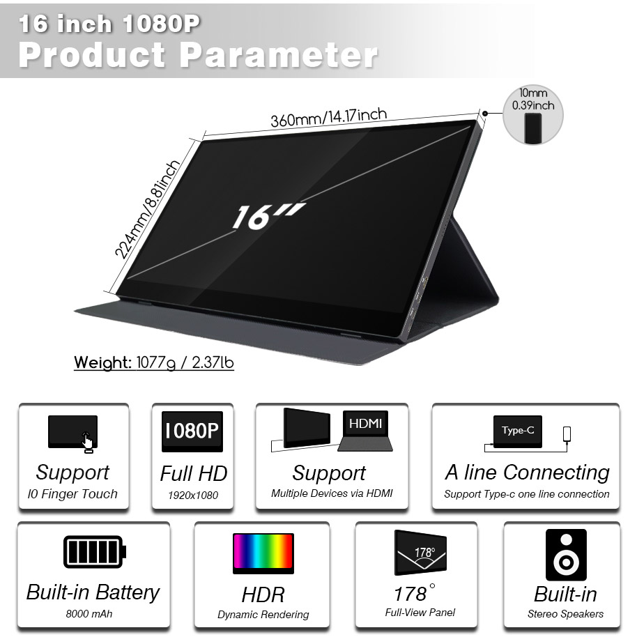 Monitor portatile touch screen da 16 pollici alimentato tramite USB S40-1