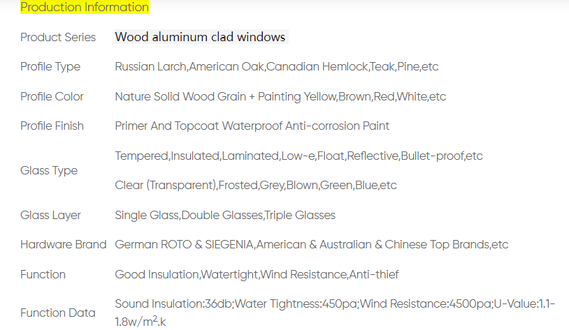 specifiche delle finestre in legno o alluminio