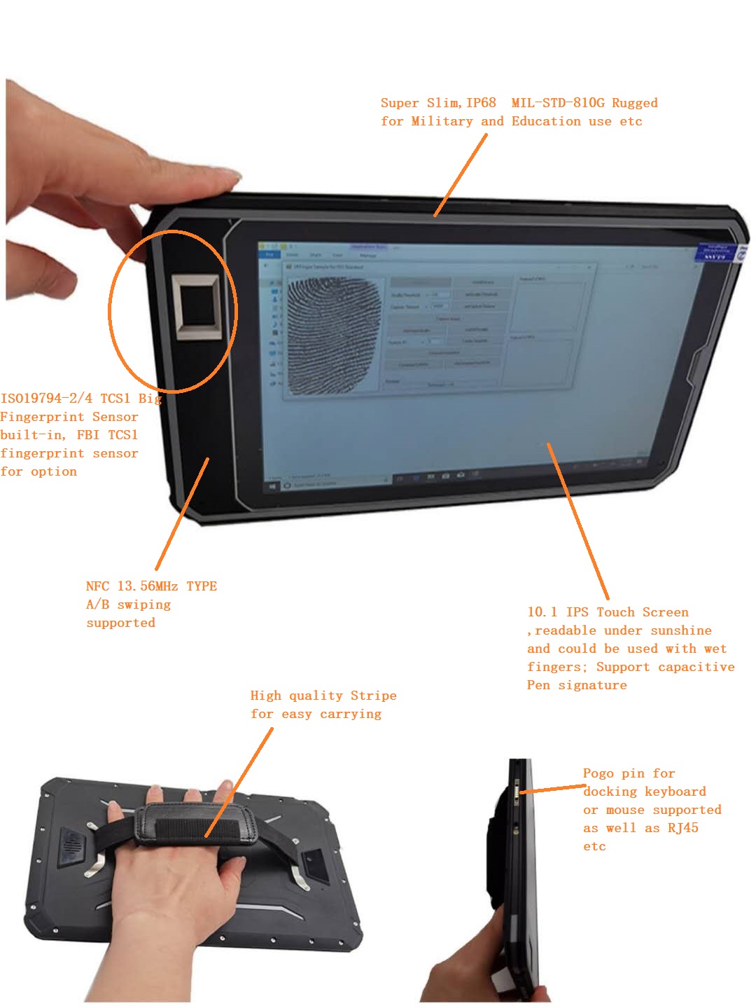 Tablet Windows biometrico per impronte digitali