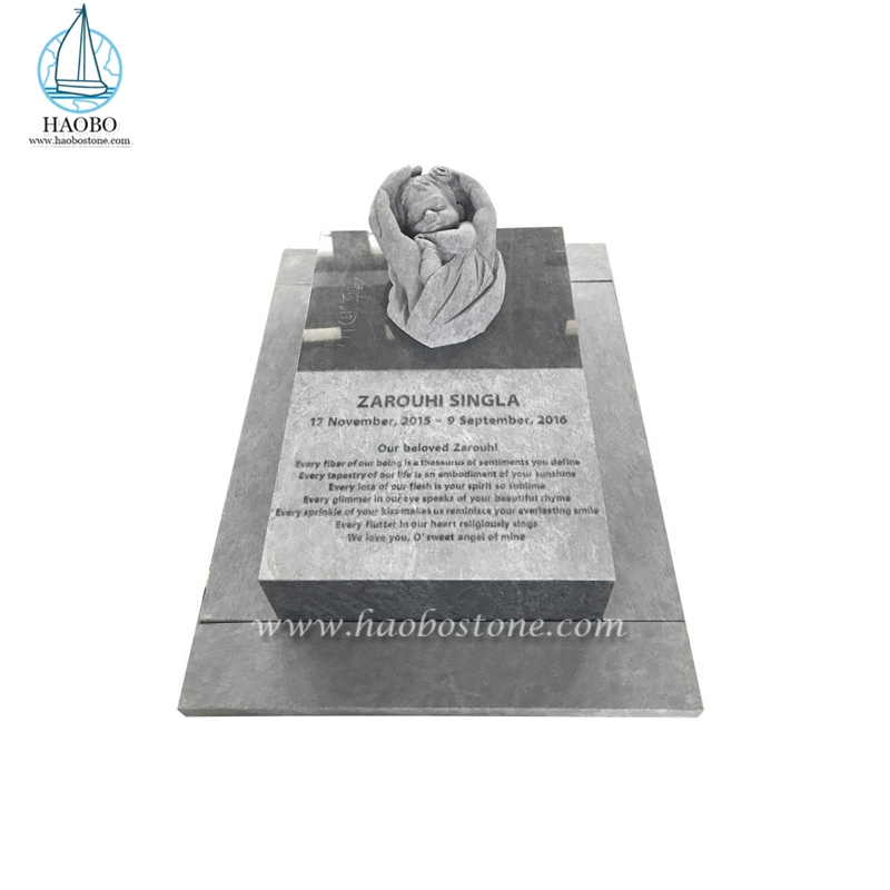 Monumento a pennarello scolpito con angelo bambino in granito grigio personalizzato
