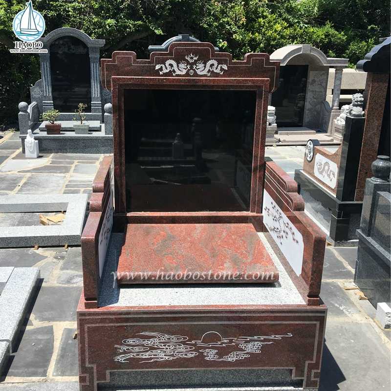 Pietra tombale funeraria in granito rosso incisa con acquaforte in stile cinese
