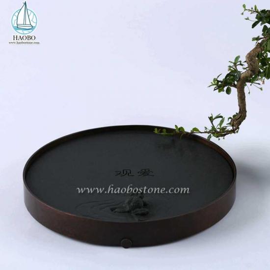 Vassoio da tè in pietra scolpita in pietra naturale di granito nero in porcellana
