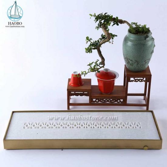 Vassoio da tè rettangolare con intaglio su pietra di design in marmo bianco Cina
