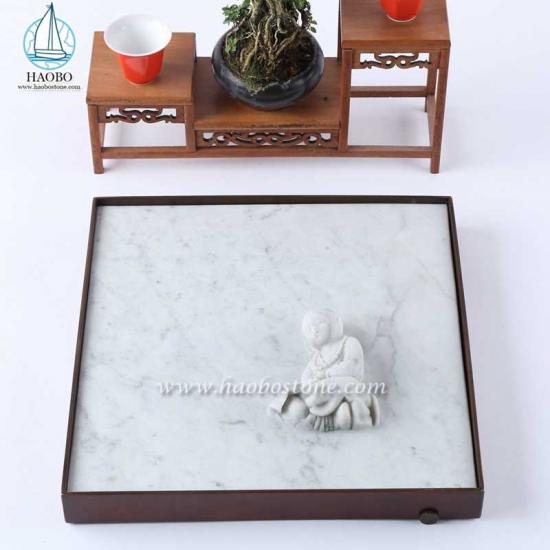 Vassoio da tè in pietra quadrata con intaglio buddista in marmo bianco
