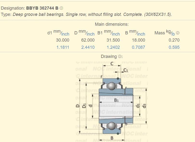 BBYB 362744 B Dimensione del cuscinetto